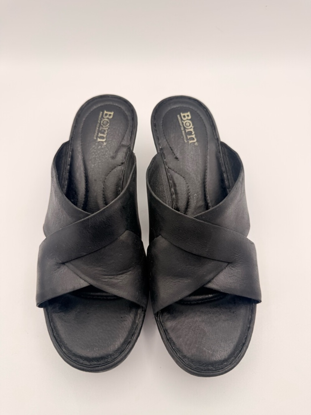 BORN  Black Leather Wedge Slide Sandals Women’s Size 9M Comfort Casual